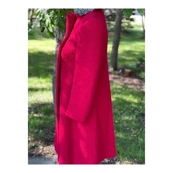 60s Best & Co Red Wool Pea Coat Dress Coat Persian Fur Collar Fall Jacket - Picture 9 of 16